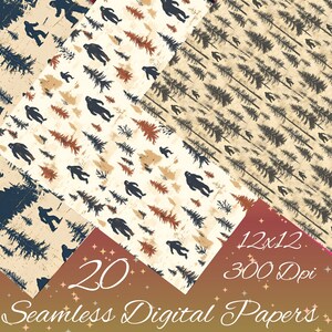 May include: A set of 20 digital papers featuring a repeating pattern of stylized trees and Bigfoot figures in various shades of blue, brown, and red on a beige background. The papers are 12x12 inches and 300 DPI.