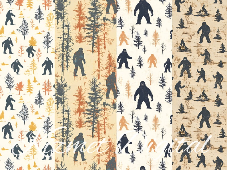May include: Four seamless digital paper patterns featuring a Bigfoot silhouette in a forest setting. The patterns are in shades of brown, beige, and blue.