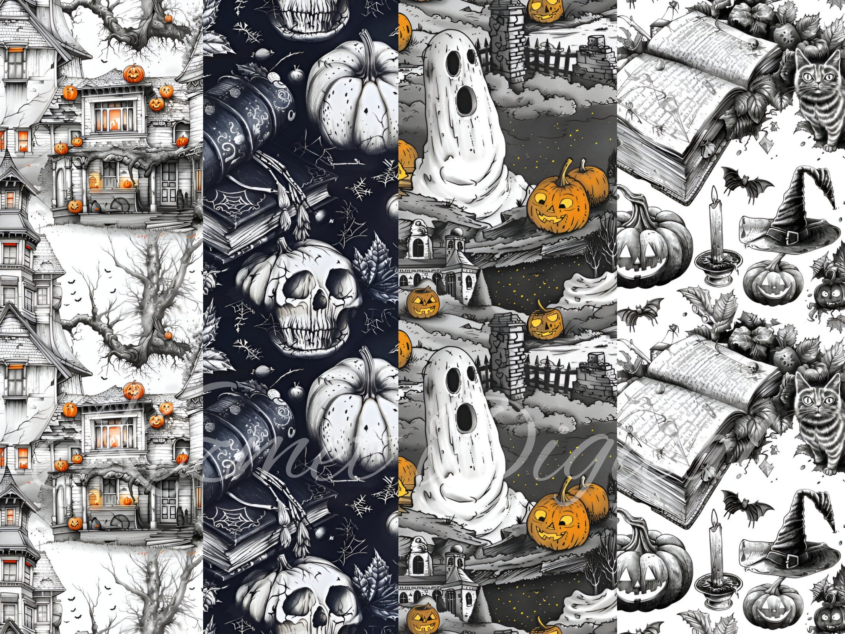 24 Black and White Halloween Seamless Patterns, Spooky, 12x12 Digital ...