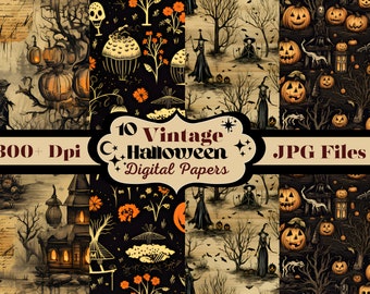 10 Vintage Halloween Seamless Patterns, 12x12 Digital Papers, Sublimation, Fabric, Scrapbook, Junk Journal, Backgrounds, Fun Downloads, Jpg