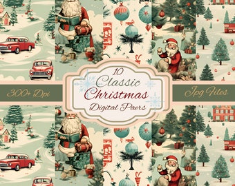 May include: A digital paper pack with 10 classic Christmas designs. The designs feature Santa Claus, Christmas trees, ornaments, and vintage cars. The paper pack is 300+ DPI and comes in JPG format.
