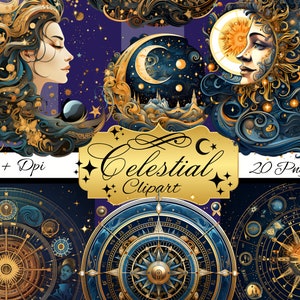 Celestial Clipart Set of 20 Png files, 300+ Dpi, Astrology Downloads  for Scrapbooks, Junk Journals, Mugs, Websites or any creative project!