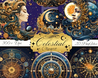 Celestial Clipart Set of 20 Png files, 300+ Dpi, Astrology Downloads  for Scrapbooks, Junk Journals, Mugs, Websites or any creative project!
