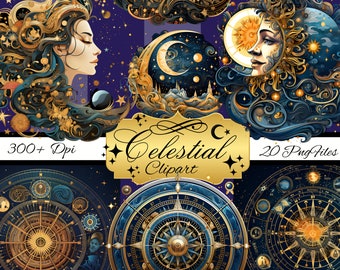 May include: A digital art collection featuring celestial-themed illustrations. The artwork includes images of a woman's profile, a crescent moon, and a sun face, all set against a dark blue background with gold and blue accents. The text "Celestial Clipart" is also visible.