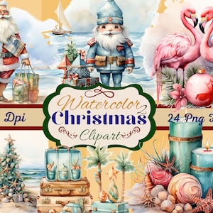 Set von 24 Aquarell Weihnachtscliparts, digitale Downloads, Karten, Wandkunst, Sublimation, Drucke, T-Shirts, Tassen Mixed Media Pastel Beach Png