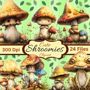 May include: A set of 24 digital clipart images featuring cute cartoon mushrooms with various expressions and colors. The images are 300 DPI and include the text "Cute Shroomies Clipart".