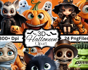 Set of 24- 3D Halloween PNG files, 3D Clipart, Fun Digital Downloads, Cute 3D Characters, Digital Wall Art Sublimation Prints t shirts mugs