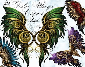May include: 24 Gothic Wings Clipart High Quality Png. A set of four digital images of ornate wings in green, red, blue, and purple with gold accents.