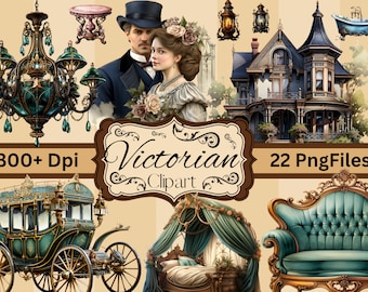 Set van 22 hoge kwaliteit Victoriaanse clipart-bestanden. Grote Png 10x12.5 Digitale downloads Sublimatie, T-shirts, Wall Art Elk project, meubels
