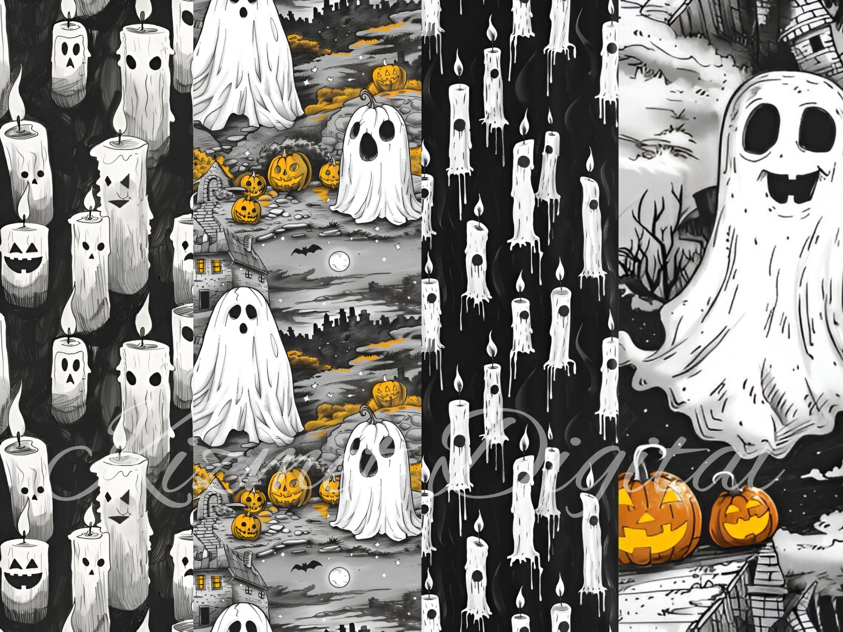 24 Black and White Halloween Seamless Patterns, Spooky, 12x12 Digital ...