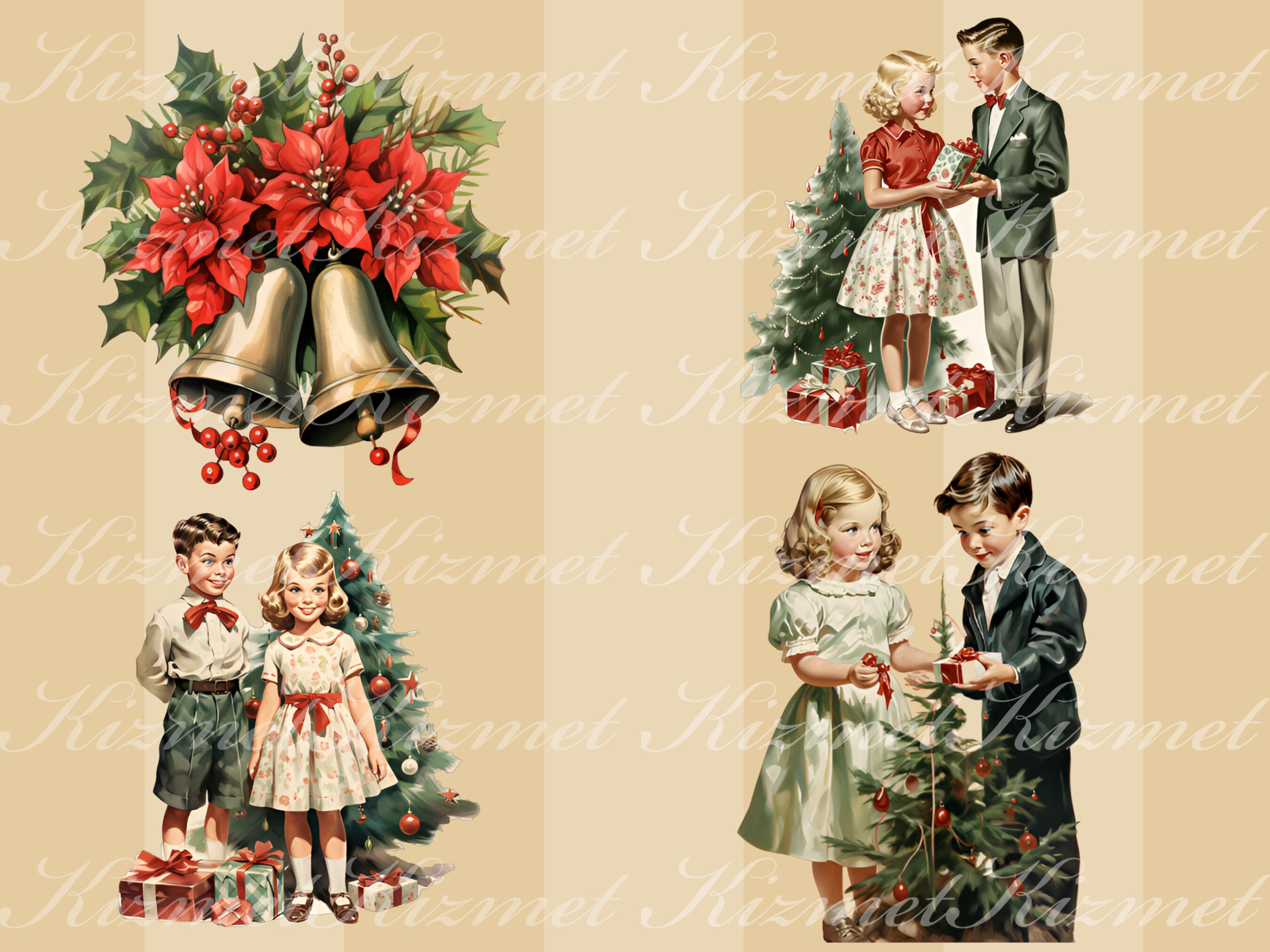 Vintage Christmas Themed Clipart, 300 Dpi, Beautiful Printable 24 PNG ...