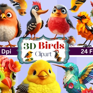 Zestaw 24- uroczych 3D ptaków- pliki 3D Clipart PNG, zabawne pliki do pobrania w wersji cyfrowej 3D zwierząt, cyfrowa sztuka ścienna, nadruki sublimacyjne, koszulki, kubki i wiele więcej