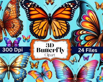 May include: A set of 24 digital clipart images of colourful butterflies. The butterflies are in various poses and have intricate wing patterns. The images are 300 DPI and are perfect for crafting projects, scrapbooking, and digital design.