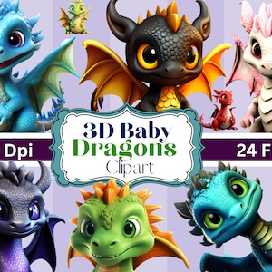 Set of 24- Cute 3D Dragons- 3D Clipart, PNG files, Fun Digital Downloads 3D Animals, Digital Wall Art Sublimation Prints t shirts mugs, more