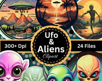 24 Ufo & Aliens Clipart files for Stickers, T-shirts, Mugs, Scrapbooking, Sublimation, Journaling and more, Digital Downloads for Fun, Pngs