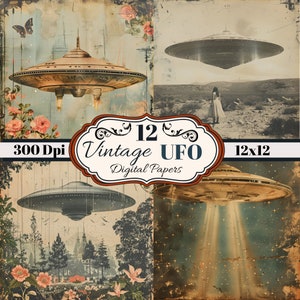 Könnte beinhalten: Ein Set mit 12 digitalen Papieren mit Vintage-UFOs in verschiedenen Umgebungen. Die Papiere sind 12x12 Zoll groß und haben eine Auflösung von 300 DPI.