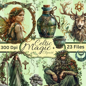 May include: Celtic Magic Clipart digital download with 23 files.  The image shows a green potion bottle, a green cauldron, a green fairy, a green man, a stag, and a Celtic cross.