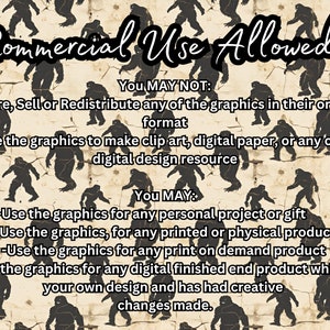 May include: A graphic design image with a brown background and black silhouette images of Bigfoot. The text "Commercial Use Allowed" is written in black cursive font. The text "You MAY NOT:" is followed by a list of restrictions on the use of the graphics. The text "You MAY:" is followed by a list of permitted uses of the graphics.