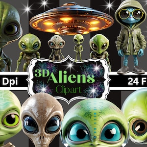 Peut inclure: Un ensemble de 24 images clipart numériques d'extraterrestres 3D dans diverses poses et expressions. Les extraterrestres sont verts, gris et bleus avec de grands yeux et des caractéristiques uniques. Les images sont en 300 DPI et parfaites pour créer des designs numériques, des objets artisanaux et plus encore.