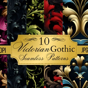 May include: A set of 10 Victorian Gothic seamless patterns in JPG format. The patterns feature intricate floral designs in various colors, including gold, red, blue, green, and purple, on a black background. The patterns are 300+ DPI.