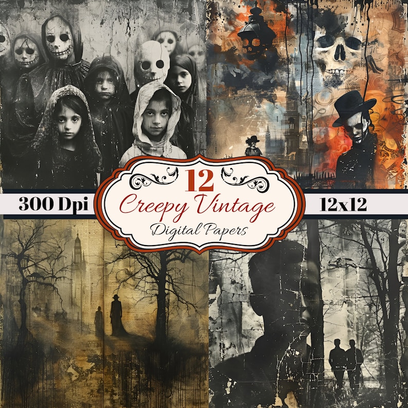 12 Creepy Vintage Digital Papers, Spooky Halloween Background, 12x12 ...