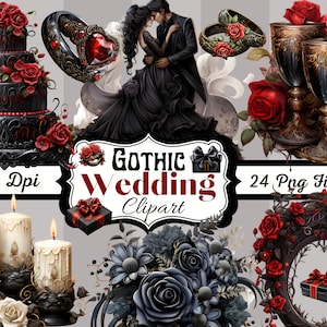 24 Gothic Hochzeit Clipart, PNG sofortiger Download, kommerzielle Nutzung, Vampir, Spaß Downloads, Scrapbook, Journals, Aufkleber, Einladungen, Tassen