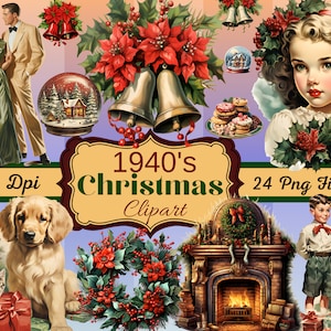 Clipart sur le thème de Noël vintage, 300 Dpi, belles imprimables 24 PNG Images Scrapbooks, journaux indésirables, tasses, cartes ou tout projet créatif