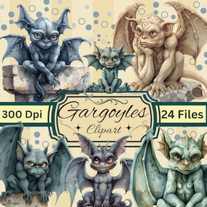 24 Gargoyle Clipart, PNG Instant Download, Commercial Use, Gothic, Medieval, Statue, Scrapbook, Junk Journal, Stickers, Sublimation, Mugs