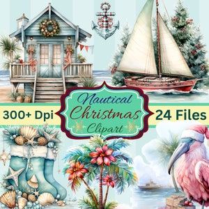 Set of 24 Watercolor Christmas Clipart, Digital Downloads, Cards, Wall Art, Sublimation, Prints, T Shirts, Mugs Mixed Media Pastel, Nautical