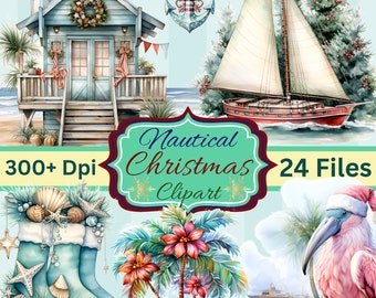 Set of 24 Watercolor Christmas Clipart, Digital Downloads, Cards, Wall Art, Sublimation, Prints, T Shirts, Mugs Mixed Media Pastel, Nautical