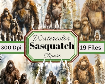 Set of 19 Bigfoot Watercolor Clipart PNG files, Digital Downloads for Sasquatch Wall Art, Sublimation, Bigfoot Prints, t shirts, mugs, more
