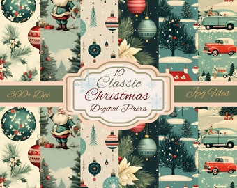 May include: A set of 10 digital paper designs featuring a classic Christmas theme. The papers feature a variety of festive elements, including ornaments, Santa Claus, pine trees, and houses. The papers are 300+ DPI and are available as JPG files.