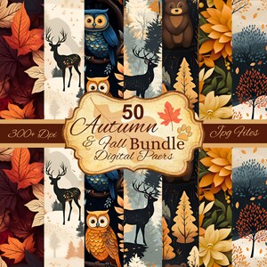 50 Autumn and Fall Seamless Patterns Bundle, Digital Paper 12x12 Sublimation Fabric Scrapbook Junk Journal Background Printable Fall Animals