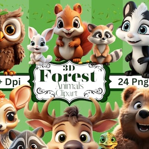 May include: A set of 24 digital clipart images featuring 3D cartoon forest animals. The animals are rendered in a cute style with large eyes and bright colours. The set includes a brown owl, a white rabbit, a red squirrel, a raccoon, a skunk, a deer, a bear, a raccoon, a deer, and a chameleon. The images are 300+ DPI and are perfect for use in digital projects.