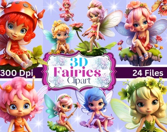 Set of 24- Cute 3D Fairies- 3D Clipart PNG files, Fun Digital Downloads 3D Fairy, Digital Wall Art, Sublimation Prints, t shirts, mugs, more