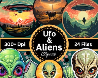 24 Ufo & Aliens Clipart files for Stickers, T-shirts, Mugs, Scrapbooking, Sublimation, Journaling and more, Digital Downloads for Fun, Pngs