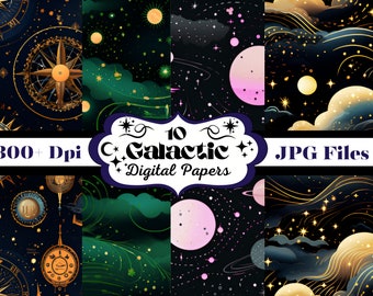 10 Galactic Wallpapers, Seamless Pattern, Celestial Digital Paper, 12x12, Sublimation, Fabric, Scrapbook, Junk Journal, Space Background Jpg