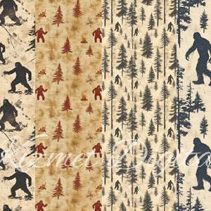 May include: Four seamless digital paper patterns featuring a Bigfoot silhouette in a forest setting. The patterns include a Bigfoot walking through a forest of pine trees, a Bigfoot walking through a forest of pine trees with a campfire, a Bigfoot walking through a forest of pine trees with a campfire and a Bigfoot walking through a forest of pine trees with a campfire and a Bigfoot walking through a forest of pine trees with a campfire.