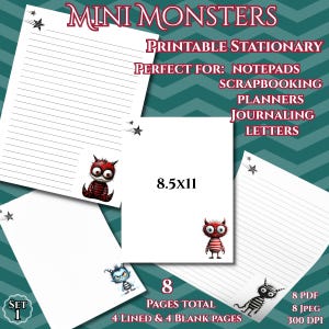 Cute weird Writing Paper 1, Quirky monsters Stationery, Gothic Holiday Notepad Pages, Halloween printable, whimsical creature commercial use