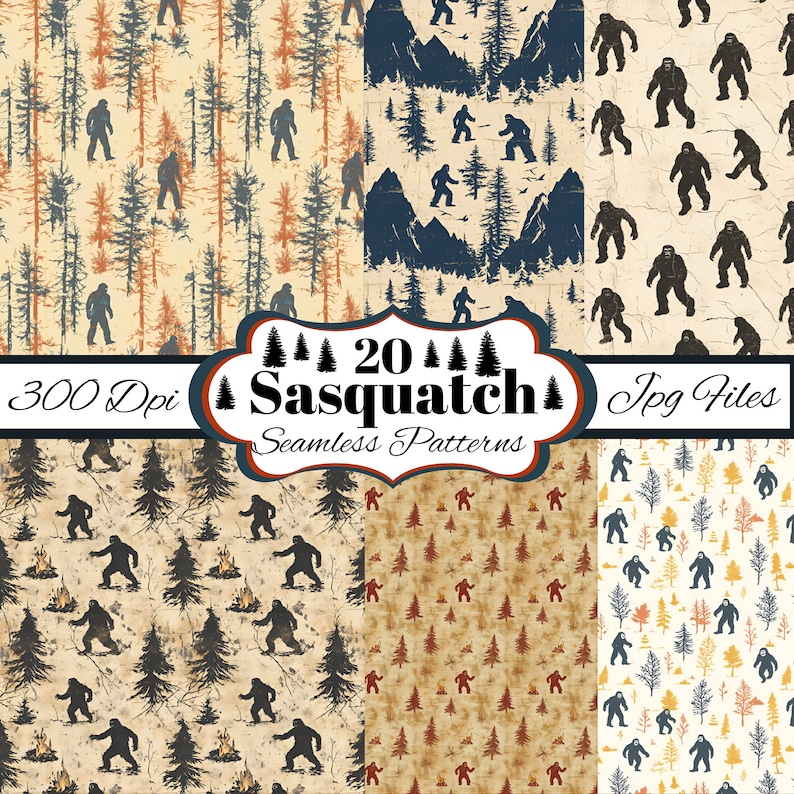 May include: A set of 20 digital seamless patterns featuring a Bigfoot or Sasquatch character in a forest setting. The patterns are in JPG format and are 300 DPI.