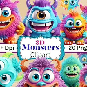Set von 20- 3D süße Monster- 3D Clipart, PNG-Dateien, Spaß Digitale Downloads 3D Tiere, Digitale Wand Kunst Sublimationsdrucke T-Shirts Tassen mehr