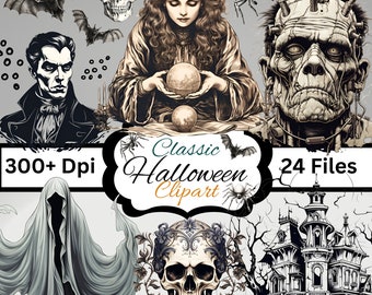 24 Vintage Black and White Halloween Clipart, PNG Instant Download, Commercial Use, Fun Downloads, Scrapbook, Junk Journal, Stickers, Mugs