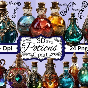 May include: 24 digital images of 3D potion bottles with ornate gold metal frames and colorful liquids. The bottles are arranged in a collage with the text "3D Potions Clipart" and "300+ Dpi" and "24 PngFiles".