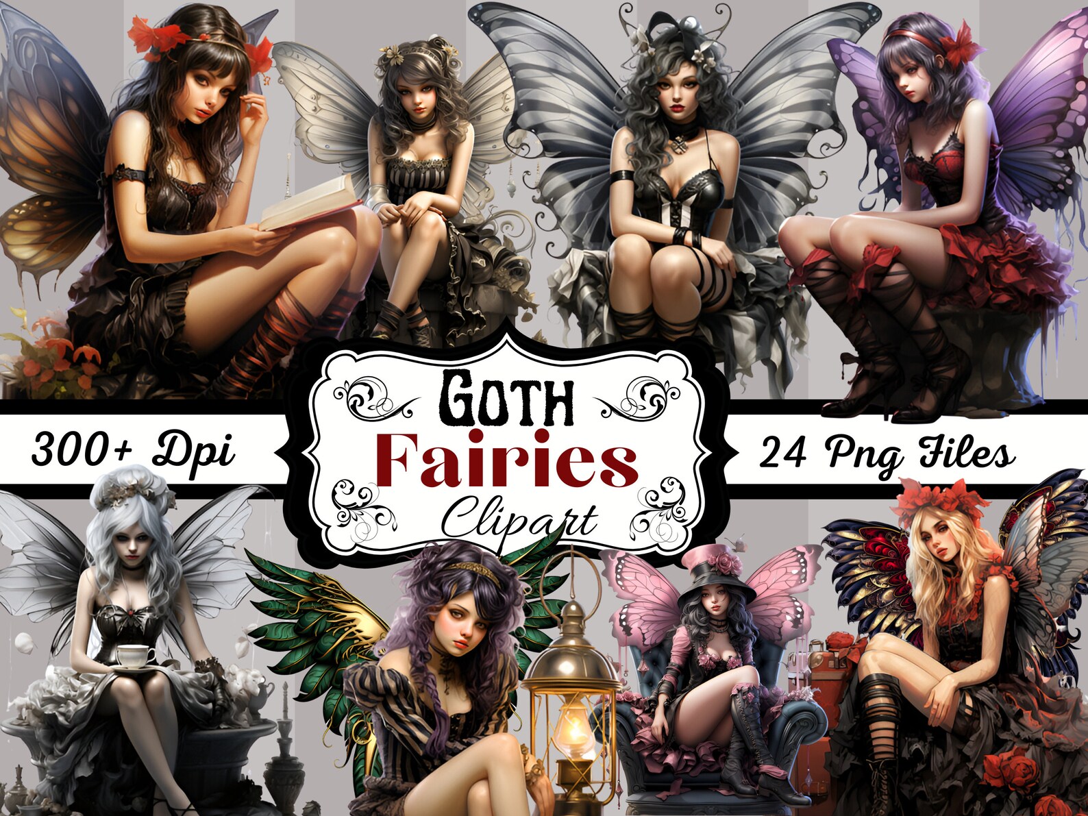 24 Goth Fairies Clipart, PNG Instant Download, Commercial Use, Gothic