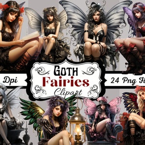24 Goth Fairies Clipart, PNG Instant Download, Commercial Use, Gothic, Fun Downloads, Scrapbook, Junk Journal, Stickers, Sublimation, Mugs