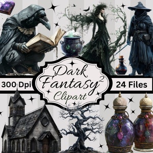 24 ダーク ファンタジー クリップアート、PNG 即時ダウンロード、商用利用、ゴシック、楽しいダウンロード、スクラップブック、ジャンク ジャーナル、ステッカー、昇華、マグカップ