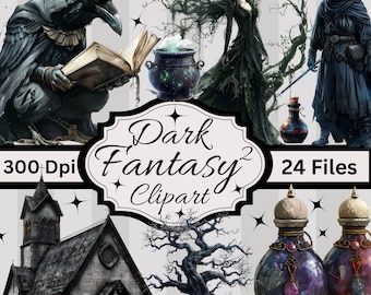 24 Dark Fantasy Clipart, PNG Instant Download, Commercial Use, Gothic, Fun Downloads, Scrapbook, Junk Journal, Stickers, Sublimation, Mugs
