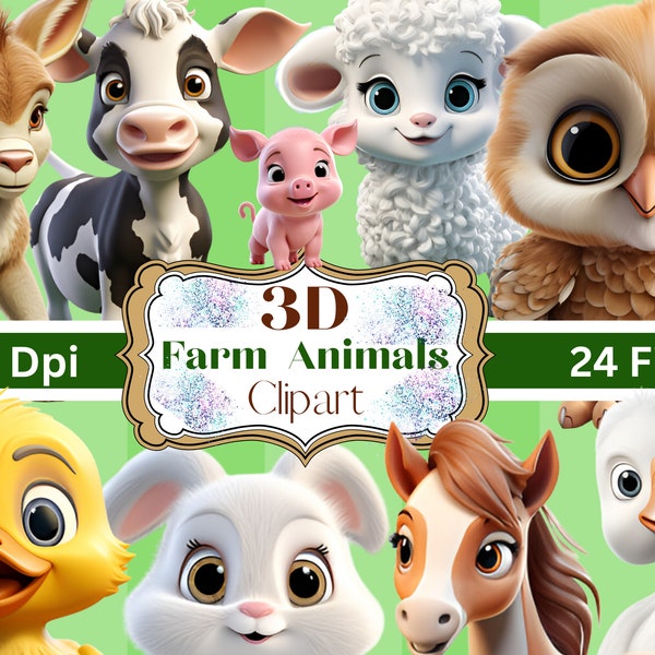 Set of 24- Cute 3D Animals- 3D Clipart PNG files, Fun Digital Downloads 3D Animals, Digital Wall Art, Sublimation Prints t shirts mugs, more