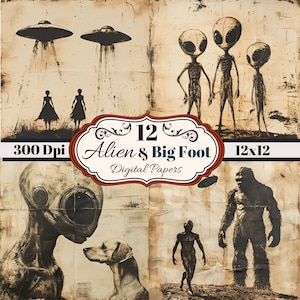 May include: A set of 12 digital papers featuring illustrations of aliens and Bigfoot. The papers are 12x12 inches and 300 DPI. The illustrations are in black and white and have a vintage, distressed look.