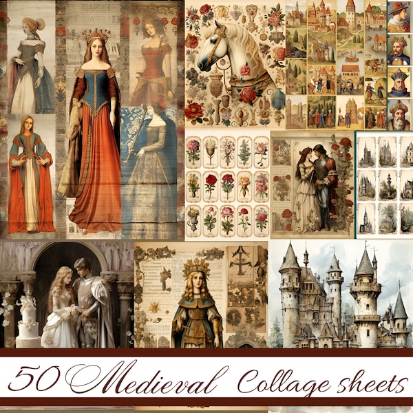 50 Medieval Themed Junk Journal Printable Collage Sheets Bundle High Resolution Scrapbook Journals Instant Download Renaissance Mixed Media